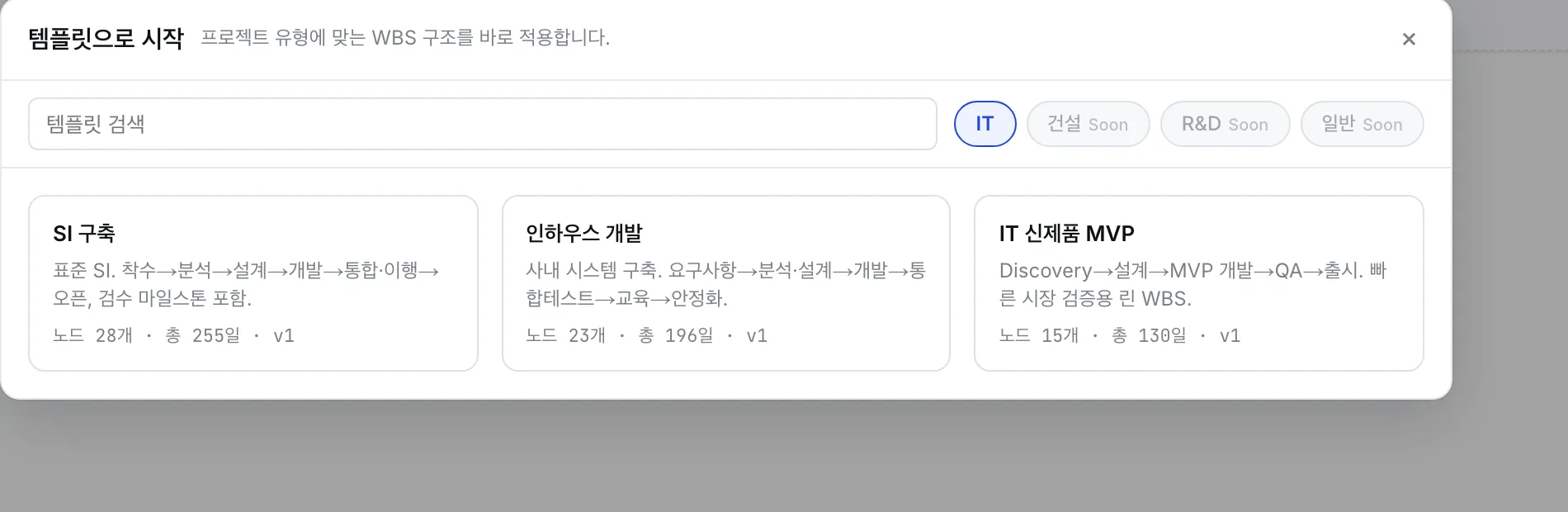 Template gallery — pick an industry WBS template in Korean or English